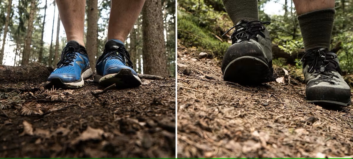 Bild Zwei Bilder: links mit Laufschuhe im Wald und rechts mit Wanderschuhe im Wald