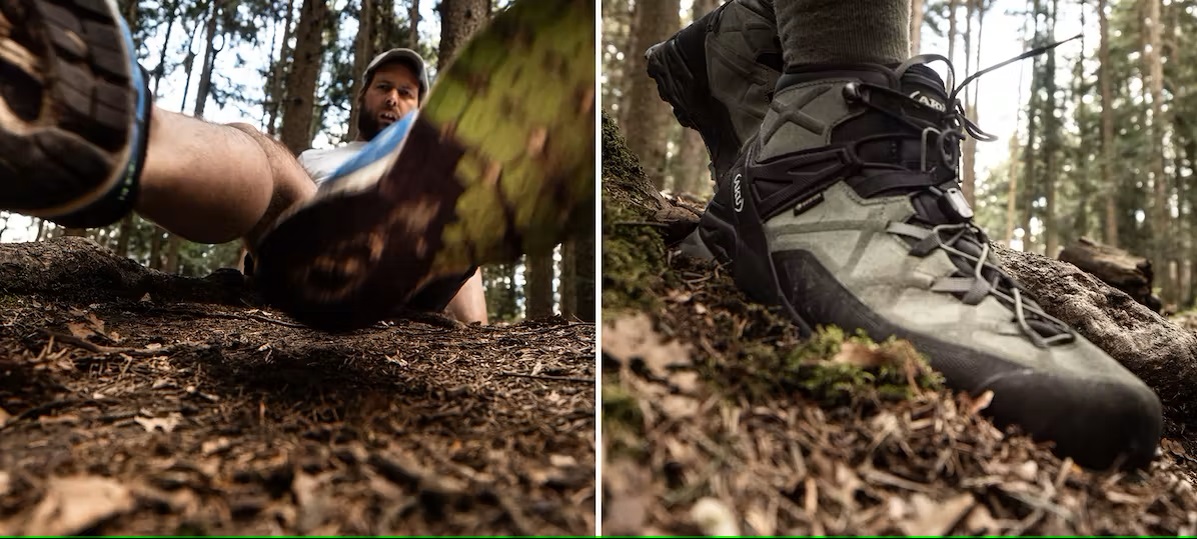 Bild Zwei Bilder: Wanderer mit Laufschuhen an rutscht aus und der mit Bergschuhen geht kontrolliert Berg ab